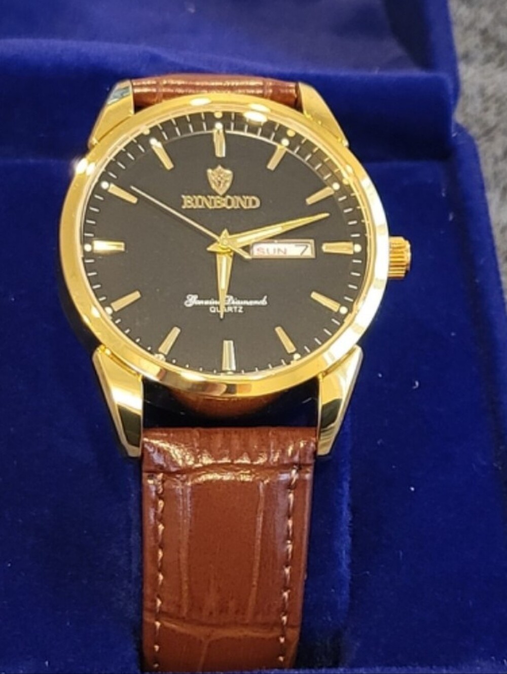 Men's Gold Case Black Dial Brown Leather Strap Watch